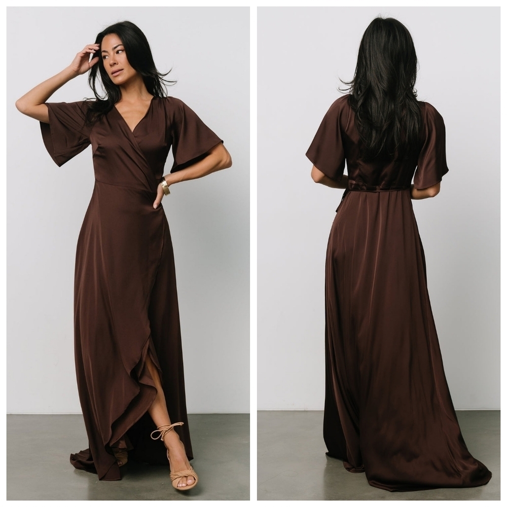 Baltic Born Vara Espresso Satin Maxi Wrap Dress